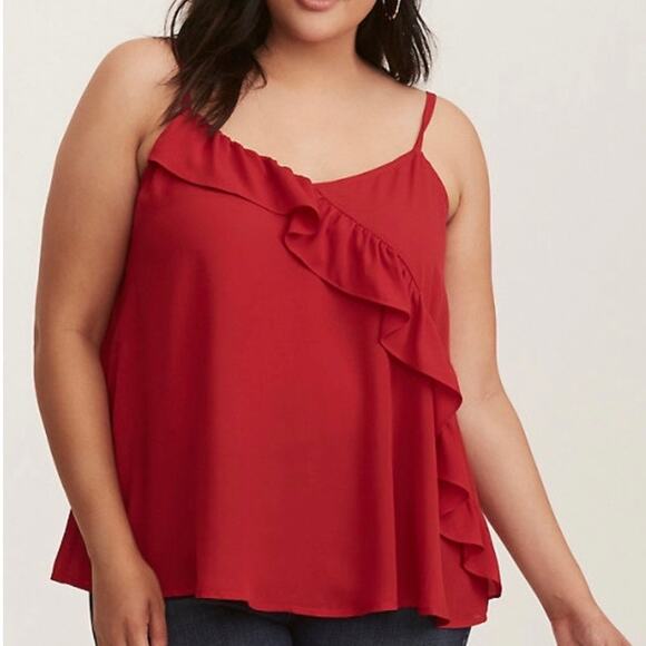 New Torrid Cami Top Red Georgette Asymmetrical Ruffle Women's 5 5X 28 - Picture 1 of 9